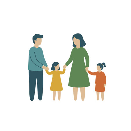 A flat vector illustration of a family unit. A mother and father stand with their two young daughters, all holding hands. Isolated on a white background.のイラスト素材