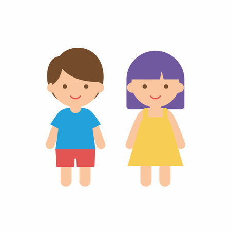 A simple flat vector illustration of a cute young boy and girl. The boy has brown hair and wears a blue shirt and red shorts. The girl has purple hair and a yellow dress. Isolated characters.のイラスト素材