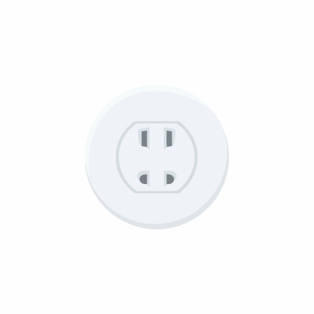 A flat vector icon illustration of a modern, round, white electrical wall socket. The power outlet...