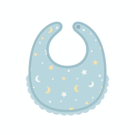 A flat vector illustration of a light blue baby bib. The bib is decorated with a cute pattern of yellow and white crescent moons and stars, perfect for a newborn or infant.のイラスト素材