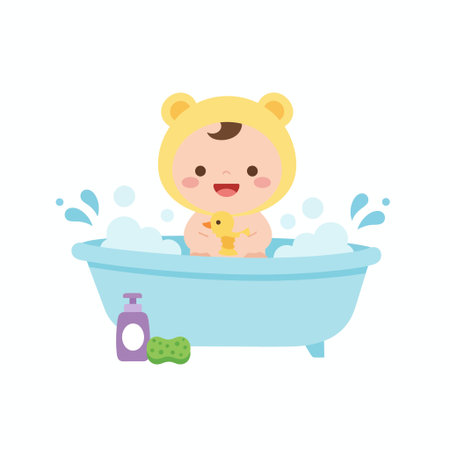 An adorable vector illustration of a happy baby enjoying bath time in a blue bathtub. The infant wears a bear cap and plays with a yellow duck amidst soap suds.のイラスト素材