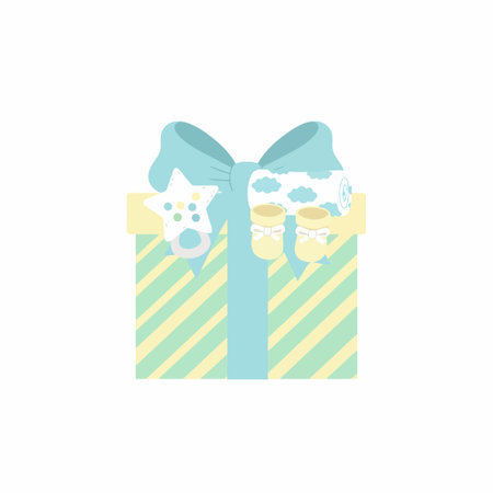 A cute vector illustration of a striped gift box tied with a large blue ribbon, decorated with baby booties and a rattle. Isolated on a white background, perfect for a newborn boy celebration.のイラスト素材