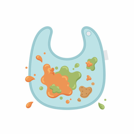A cartoon vector illustration of a light blue baby bib covered in messy orange and green food stains. A concept for feeding time, baby care, and weaning.のイラスト素材