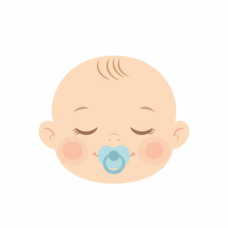 An adorable vector illustration of a newborn babys face sleeping peacefully. The infant has closed eyes, rosy cheeks, and a blue pacifier or soother in its mouth.のイラスト素材