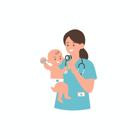 A friendly female doctor or nurse in uniform with a stethoscope holds a smiling baby. Vector illustration of pediatric healthcare and childcare on a white background.のイラスト素材