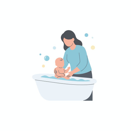 A flat vector illustration showing a loving mother carefully washing her infant child in a small bathtub. A gentle and caring moment of daily family routine and hygiene.のイラスト素材