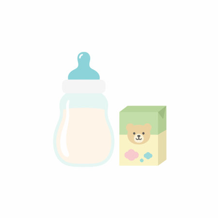 A simple flat vector illustration of a baby feeding bottle filled with milk and a box of baby formula, isolated on a clean white background. Childcare and nutrition concept.のイラスト素材