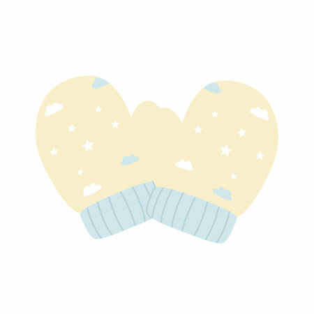 A flat vector illustration of a pair of soft yellow baby mittens. The mittens feature a cute pattern and have light blue ribbed cuffs for a snug fit. Isolated object.のイラスト素材