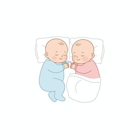 An illustration of newborn twin babies, a boy in blue and a girl in pink, sleeping soundly on pillows while holding hands. Cute and peaceful vector art on a white background.のイラスト素材