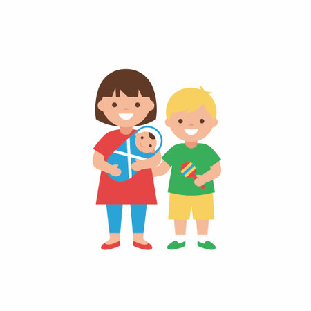 A flat vector illustration of a happy family with three children. A big sister holds her newborn baby brother while her other brother stands beside her with a toy ball.のイラスト素材