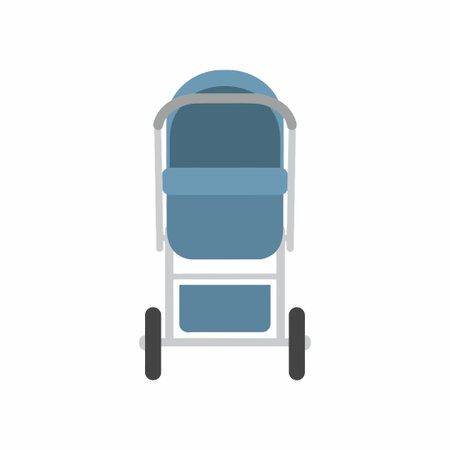 A simple flat design vector icon of a modern blue baby stroller or pram shown from the front view. The carriage is isolated on a clean white background.のイラスト素材