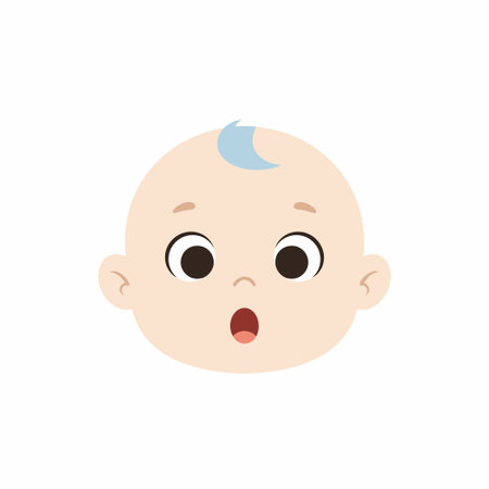 An adorable vector illustration of a newborn or infant boys head showing surprise. The baby has big eyes, an open mouth, and a tuft of blue hair.のイラスト素材