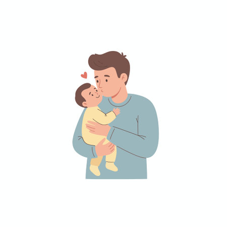A heartwarming vector illustration of a young dad tenderly holding and kissing his newborn baby. A small heart symbolizes the deep love and bond between father and child, isolated on a white background.のイラスト素材