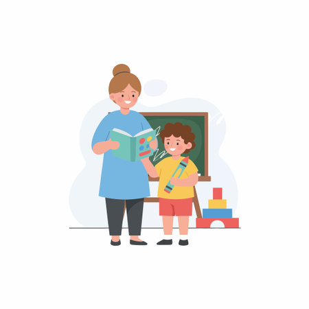 A flat vector illustration of a teacher and a student in a classroom. The woman reads from a book while the boy holds a large pencil, with a chalkboard in the background.のイラスト素材