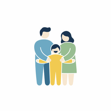 A colorful flat design icon showing a mother and father hugging their young child. A symbol of family unity, love, and togetherness isolated on a white background.のイラスト素材