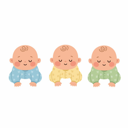 A charming vector illustration set of three adorable babies crawling. Each infant wears a different colored pajama in blue, yellow, and green. Cute cartoon characters for nursery or baby shower designs.のイラスト素材