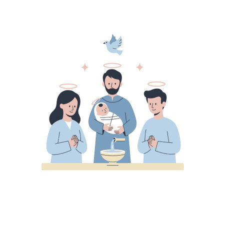 A flat vector illustration depicting a Christian baptism. A priest holds a baby over a font, flanked...