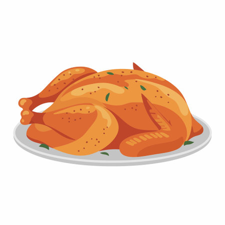A vector illustration of a whole roasted chicken served on a white plate. The chicken is golden brown and garnished with green herbs, isolated on a white background.のイラスト素材