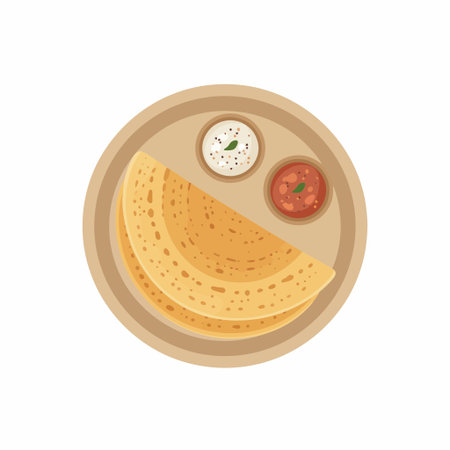 A top-down vector illustration of a traditional South Indian dosa. The crispy crepe is served on a...