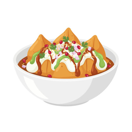 A vector illustration of Samosa Chaat, a popular Indian street food snack, served in a white bowl...