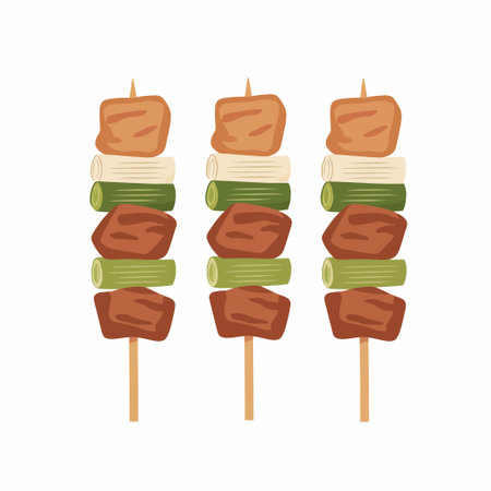 A flat vector illustration of three delicious food skewers, or kebabs, featuring grilled meat and fresh leek pieces isolated on a white background. A popular barbecue dish.のイラスト素材
