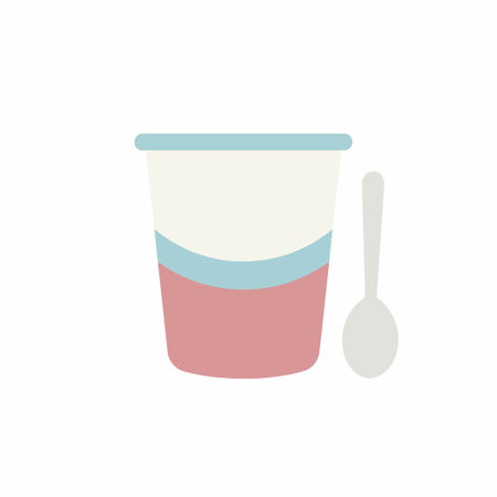 A minimalist graphic icon of a layered yogurt pot and a small spoon. The design features pastel colors and is isolated on a plain white background, perfect for food or health concepts.のイラスト素材