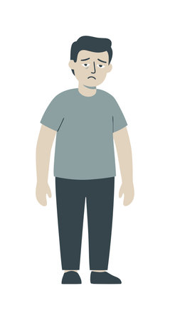 Full body vector drawing of a young man feeling sick, sad, or depressed. The character has dark hair and wears casual clothes, isolated on a white background.のイラスト素材