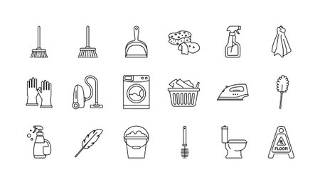 A collection of eighteen black and white line art icons representing various cleaning tools and household equipment including a broom, vacuum, washing machine, and toilet.のイラスト素材