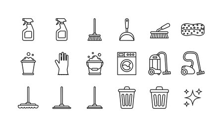 A collection of minimalist outline icons representing various cleaning tools and supplies like mops, brooms, vacuum cleaners, and detergents. Vector illustration for web and graphic design.のイラスト素材
