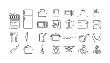 A set of various kitchen and cooking equipment illustrated in a simple black and white outline style. Includes stove, fridge, blender, pots, pans, and other culinary tools.のイラスト素材