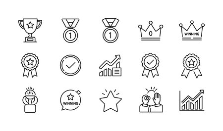 A vector collection of hand drawn line art icons representing success and achievement. Includes trophy, medal, crown, award ribbon, and growth chart symbols.のイラスト素材