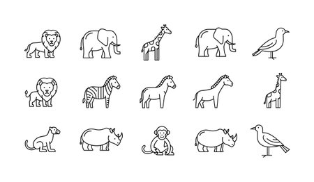 A set of simple black and white doodle style illustrations featuring various wild animals such as...