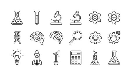 A collection of black and white line art icons representing various scientific and technological concepts. This set includes symbols for chemistry, biology, physics, engineering, and innovation, all in a sketchy, hand-drawn style.のイラスト素材
