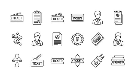 Bundle of twenty minimalist line icons representing tickets, vouchers, event passes, and staff. Isolated vector symbols for web design, apps, and print materials.のイラスト素材