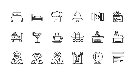 A collection of simple line art icons representing hospitality and travel amenities. Includes symbols for accommodation, food, reception, and booking isolated on a white background.のイラスト素材