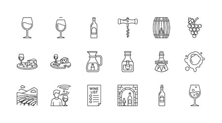 Collection of monochrome doodle illustrations about wine culture. Features icons like grapes, barrel, corkscrew, and sommelier. Isolated vector elements on a white background.のイラスト素材