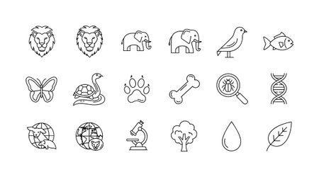 A set of twenty black and white line art icons representing animals, nature, and science. Includes lion, elephant, DNA, microscope, and environmental symbols.のイラスト素材