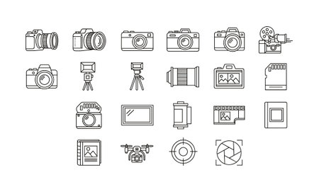 A set of isolated line art icons representing various photography and filmmaking gear. Includes...