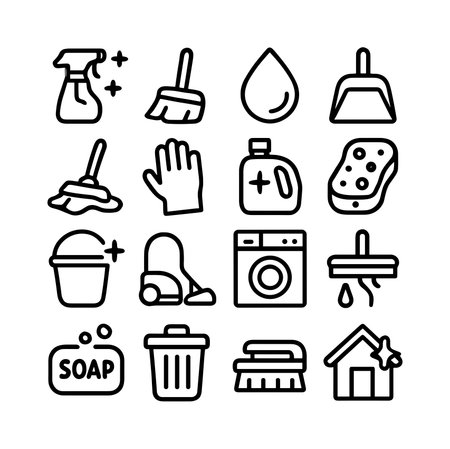 Vector illustration of a cleaning icon set in a simple line art style. Features common household cleaning tools like a sponge, bucket, soap, and washing machine. Isolated on a white background.のイラスト素材