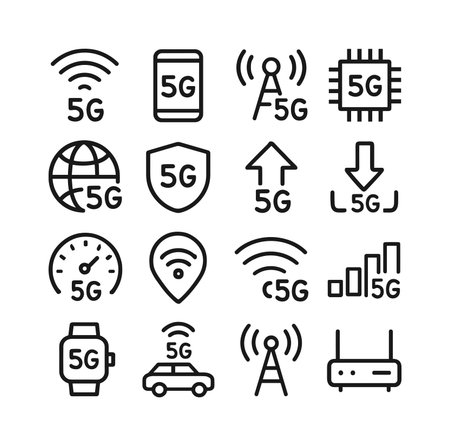 Vector icon set illustrating 5G mobile network concepts. Includes symbols for signal, phone, tower,...