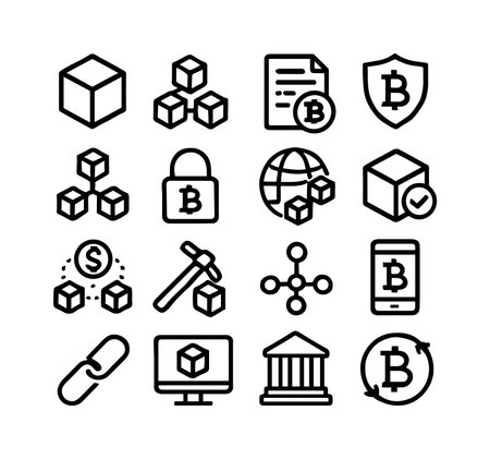 A collection of vector line icons representing concepts of blockchain, Bitcoin, digital currency, mining, security, and decentralized finance. Isolated on a white background.のイラスト素材