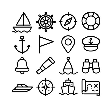 A collection of sixteen simple black and white line icons representing various nautical, sailing, and maritime objects. Includes a ship, anchor, compass, and map.のイラスト素材