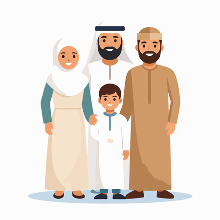 Arab family portrait in traditional attire stands together smiling warm vector illustration of diverse relativesのイラスト素材