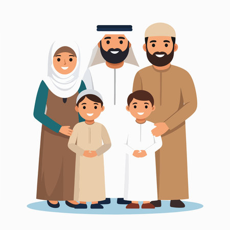 Arab family portrait shows a smiling mother father and two children in traditional dress with a warm group poseのイラスト素材