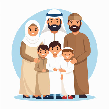 GroupArabFamily a joyful family portrait in traditional dress smiling together in a warm sceneのイラスト素材