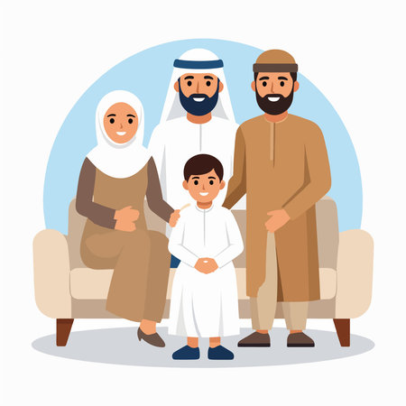 Family group of a Muslim family posing together in a cozy living roomのイラスト素材