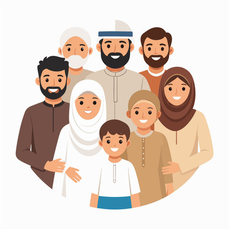 Muslim family group portrait showing a diverse family smiling together in traditional clothingのイラスト素材