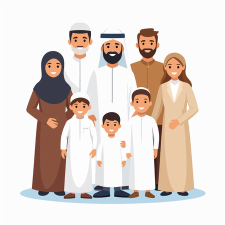 Family in traditional attire smiles together in a warm illustrated sceneのイラスト素材