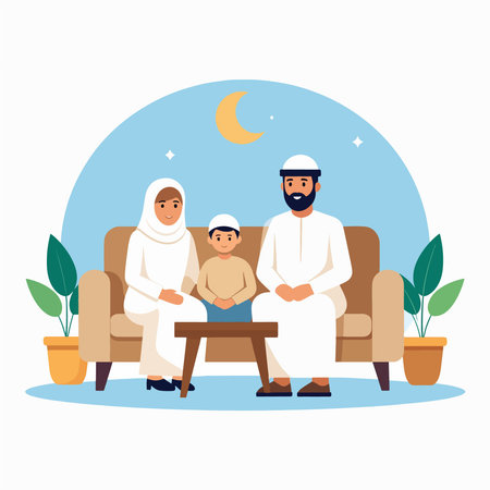 Family mother father and child sit on a sofa in a cozy home under a night sky with a crescent moon and plants aroundのイラスト素材