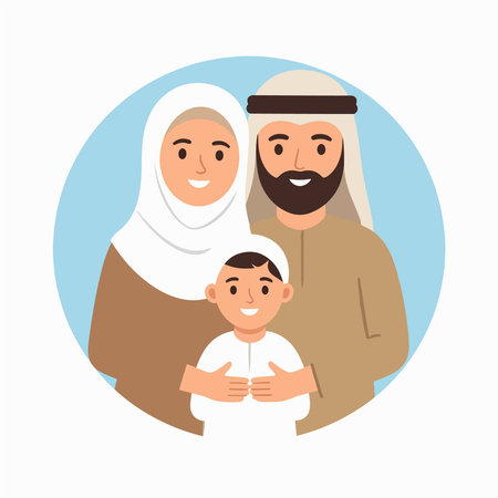 Family portrait shows a Muslim mother wearing a white hijab a father in traditional dress and their child against a blue circular backdropのイラスト素材